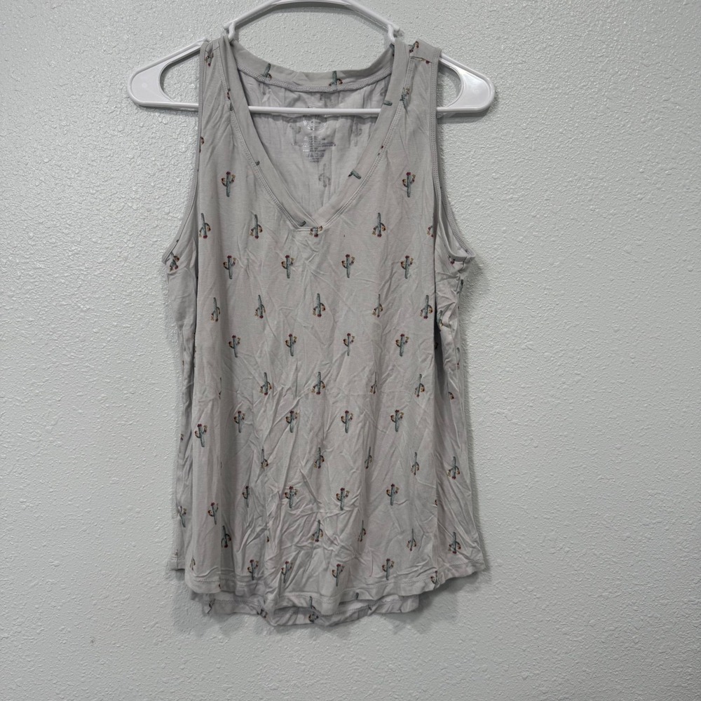 Maurices 24/7 Womens Gray Cactus Print V-Neck Tank Top Sleeveless Shirt Large
